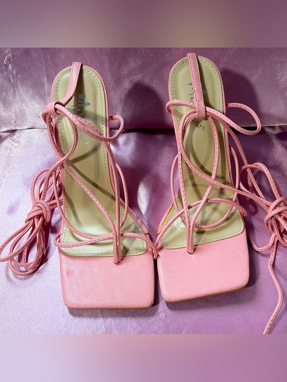 Pink Strappy Lace-Up Women's Heeled Sandals - Picture 3 of 7